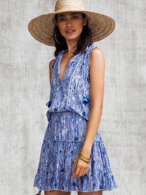 Poupette St Barth Clara Mini Dress S Blue Sleeveless Tassels Drawstring PomPom